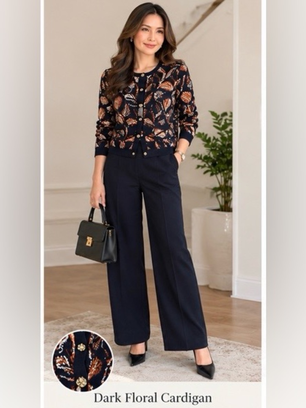 Long Sleeve Blouse/Cardigan in Navy, Brown, Orange print